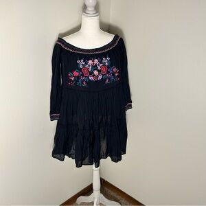Free People Black Embroidered Off Shoulder Peasant Dress Women’s M